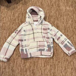 Cozy Plaid Sherpa Half-Zip Hoodie in Cream & Dusty Rose